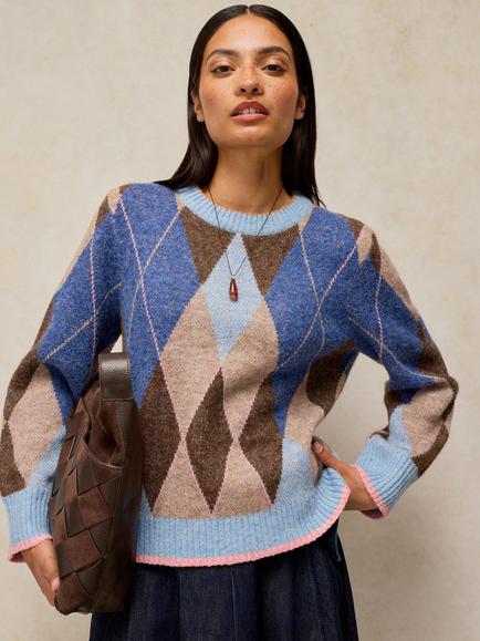 White Stuff Argyle Check Jumper, Blue/Multi, Blue/Multi