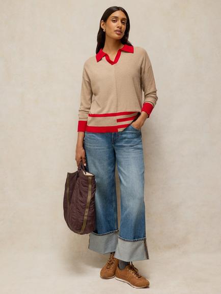 White Stuff Cara Merino Wool Blend Collar Jumper, Natural/Red