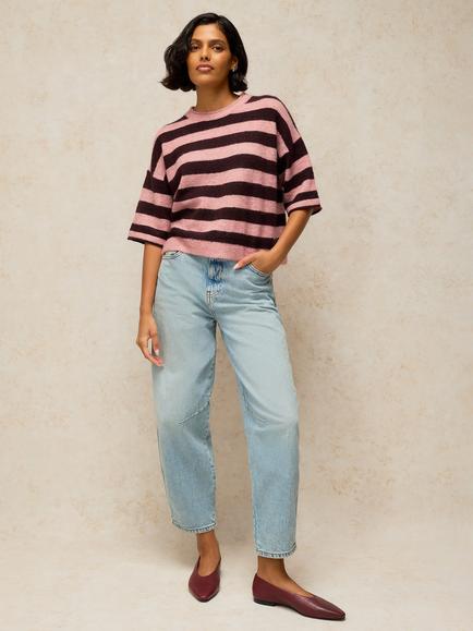 White Stuff Late Knitted Striped T-Shirt, Pink/Multi, Pink/Multi