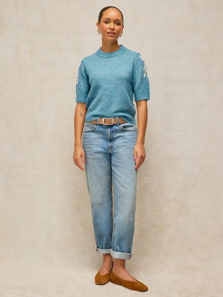 White Stuff Knitted Crew Neck T-Shirt containing TENCEL™ Modal, Light Blue, Light Blue