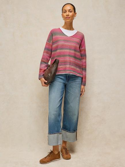 White Stuff Knitted Space Dye V-Neck Jumper, Pink/Multi, Pink/Multi