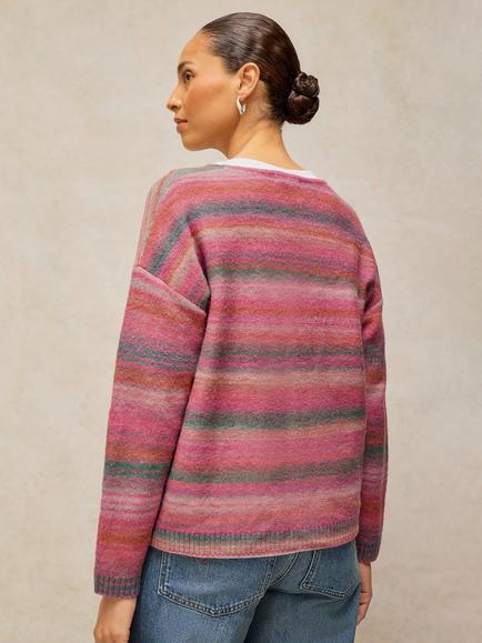 White Stuff Knitted Space Dye V-Neck Jumper, Pink/Multi - view 2, Pink/Multi