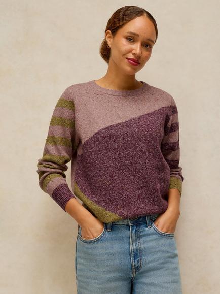 White Stuff Talia Knitted Round Neck Colour Block Jumper, Plum, Plum