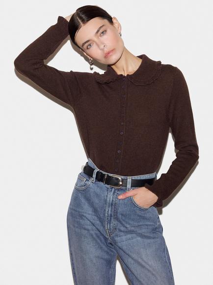 Jigsaw Wool Rich with Cashmere Frill Collar Cardigan, Brown