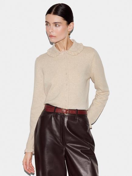 Jigsaw Wool Rich with Cashmere Frill Collar Cardigan, Cream