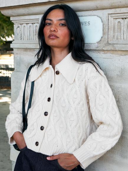 Ro&Zo Cable Knit Wool Cardigan, Cream, Cream