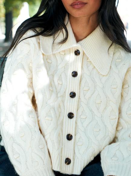 Ro&Zo Cable Knit Wool Cardigan, Cream - view 2, Cream