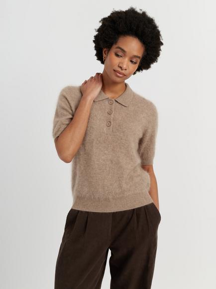 Chinti & Parker Brushed Cashmere Polo T-Shirt, Warm Oatmeal