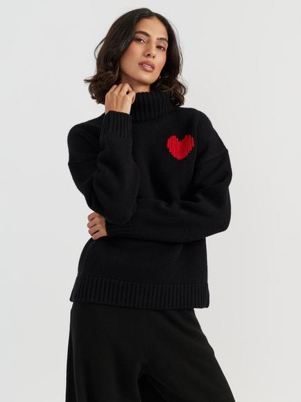 Chinti & Parker Merino Wool Heart Roll Neck Jumper, Black