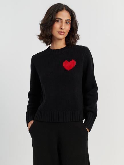 Chinti & Parker Merino Wool Heart Crew Neck Jumper, Black