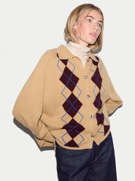 Jigsaw Wool Rich with Cashmere Argyle Cardigan, Camel, Camel