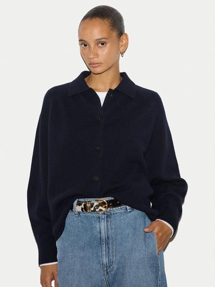 Jigsaw Wool Blend with Cashmere Collar Cardigan, Navy, Navy