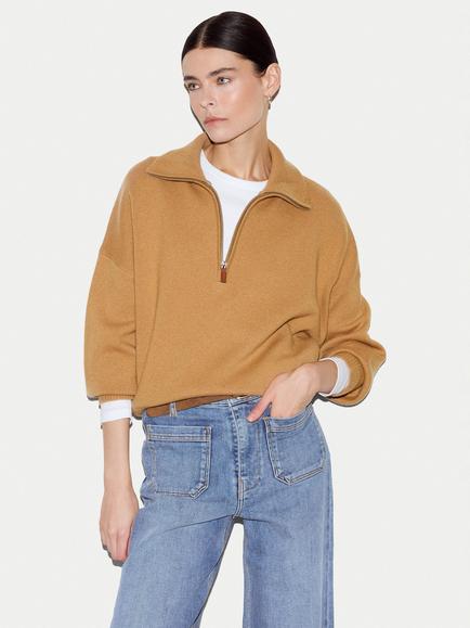 Jigsaw Double Face Knit Wool Rich with Cashmere Half Zip Jumper, Camel, Camel