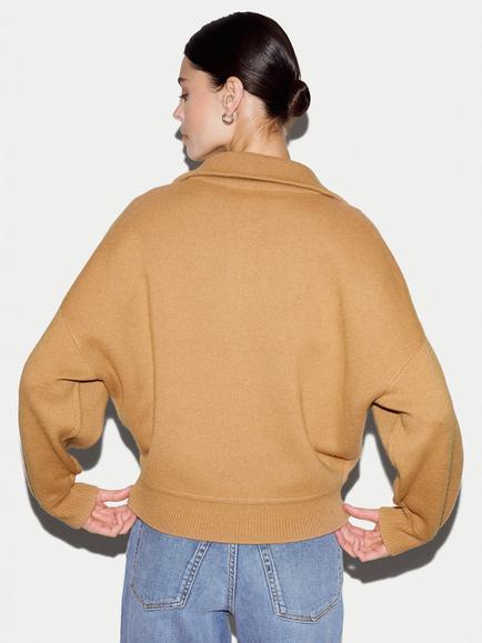 Jigsaw Double Face Knit Wool Rich with Cashmere Half Zip Jumper, Camel - view 2, Camel