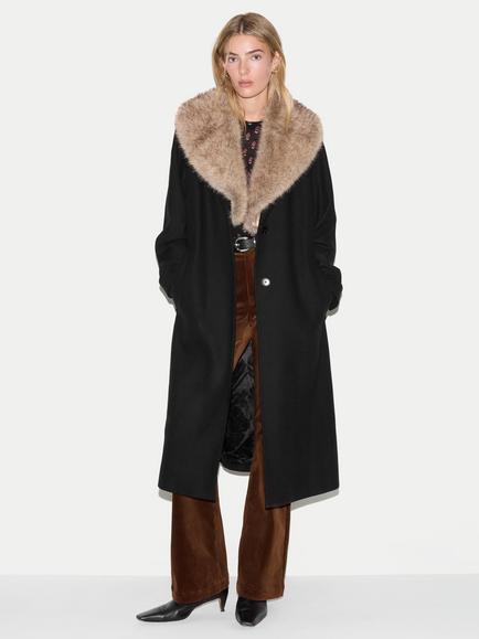 Jigsaw Wool Blend Faux Fur Trim Coat, Black, Black