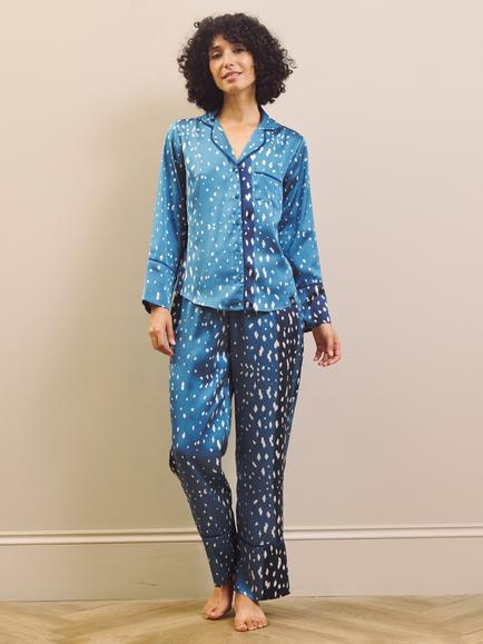 Their Nibs Midnight Fawn Satin Pyjamas, Blue/White, Blue/White