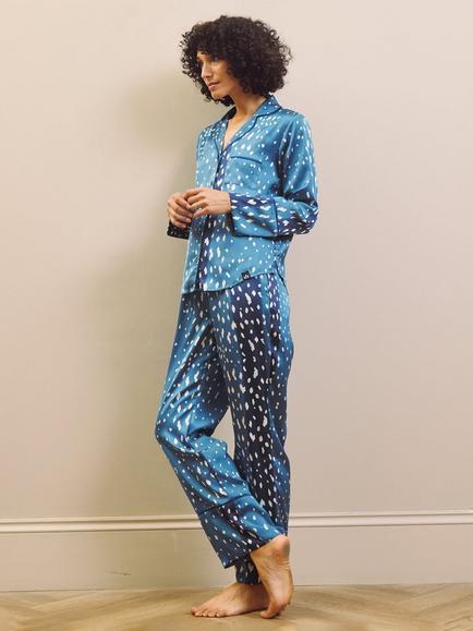 Their Nibs Midnight Fawn Satin Pyjamas, Blue/White - view 2, Blue/White