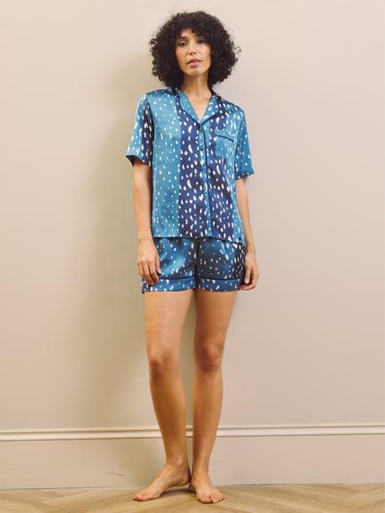 Their Nibs Midnight Fawn Satin Short Pyjamas, Blue/White, Blue/White