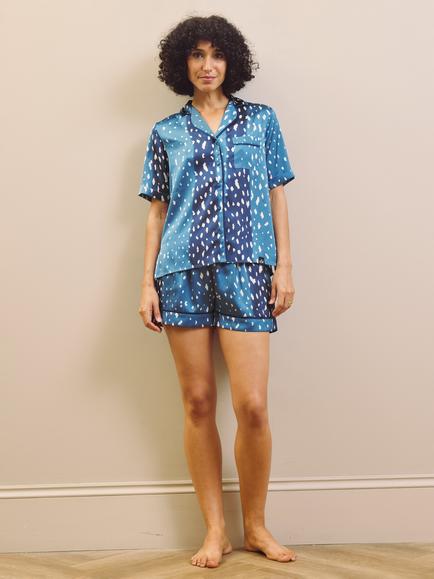 Their Nibs Midnight Fawn Satin Short Pyjamas, Blue/White - view 2, Blue/White