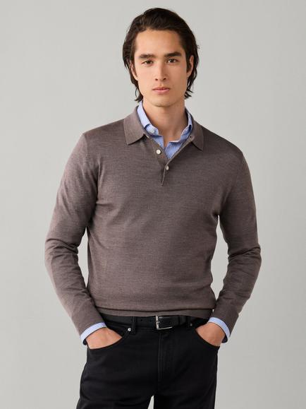 Hackett London Long Sleeve Merino Wool Blend Polo Shirt, Beige