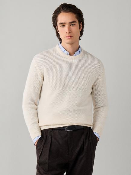 Hackett London Duo Stitch Crew Neck Wool Cashmere Blend Jumper, Off White, Off White