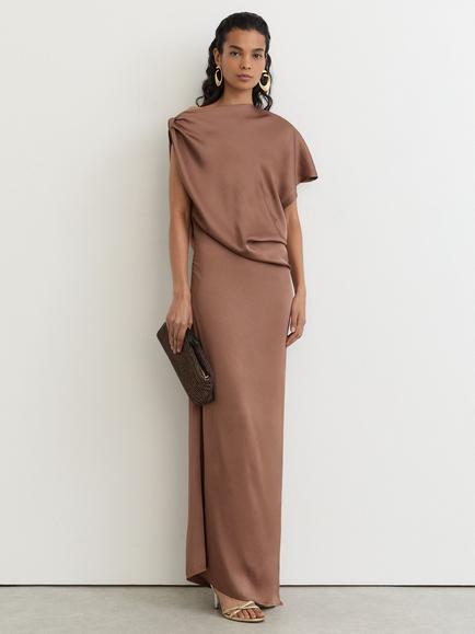 Reiss Paige Satin Asymmetric Draped Maxi Dress, Taupe Brown, Taupe Brown