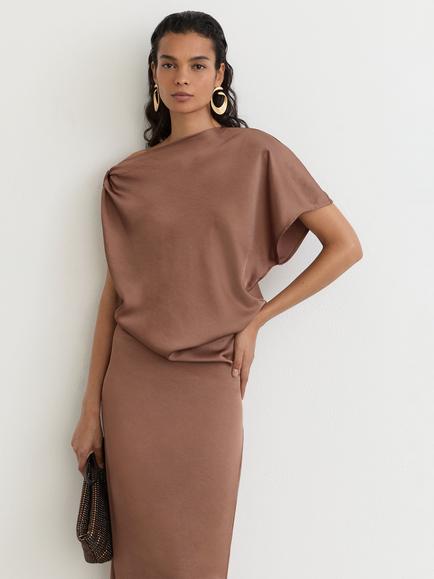 Reiss Paige Satin Asymmetric Draped Maxi Dress, Taupe Brown - view 2, Taupe Brown