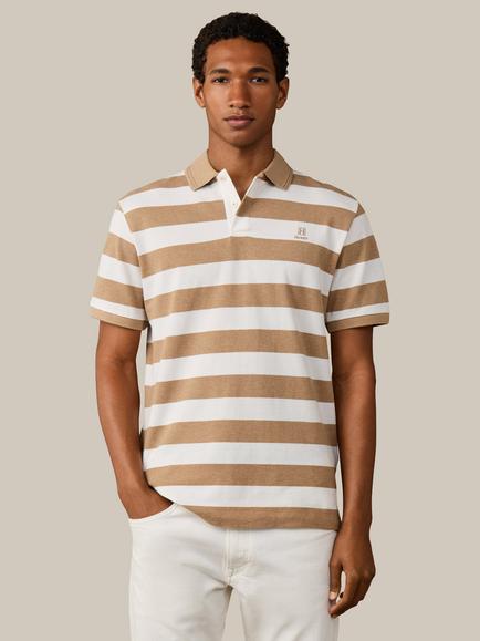 Hackett London Heritage Cotton Classic Fit Short Sleeve Striped Polo Top, Camel/White, Camel/White