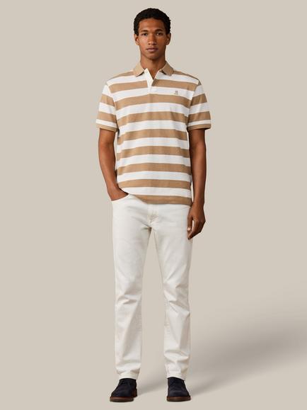 Hackett London Heritage Cotton Classic Fit Short Sleeve Striped Polo Top, Camel/White - view 2, Camel/White