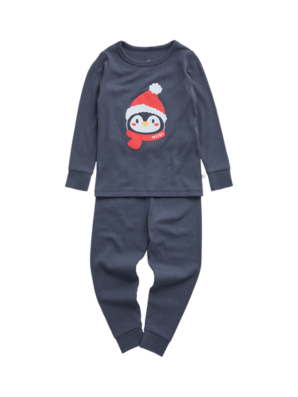 MORI Baby Penguin Ribbed Pyjama Set, Navy Blue, Navy Blue
