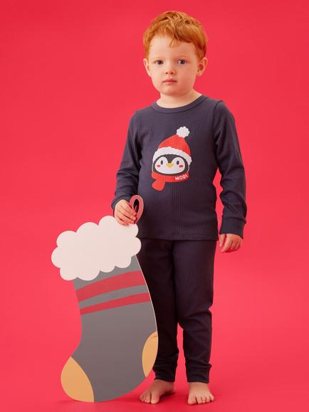 MORI Baby Penguin Ribbed Pyjama Set, Navy Blue - view 2, Navy Blue