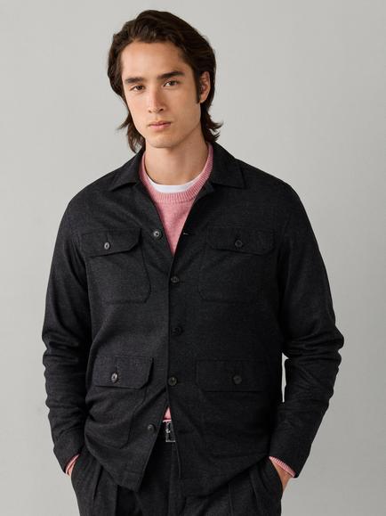Hackett London Stretch Wool Blend with Cashmere Four Pocket Overshirt, Charcoal Grey, Charcoal Grey