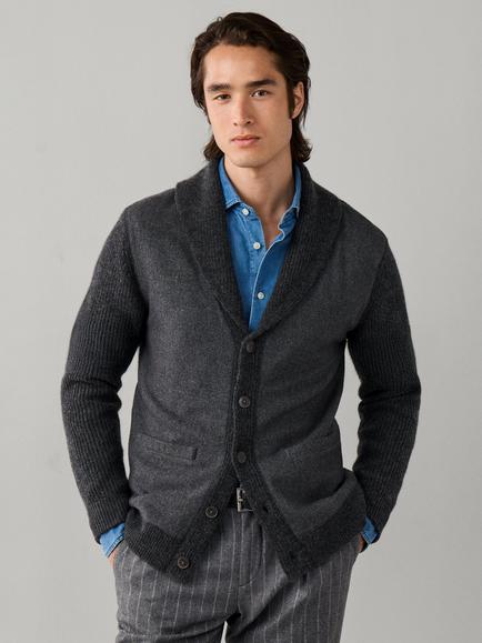 Hackett London Pure Merino Wool Herringbone Hybrid Cardigan, Charcoal Grey, Charcoal Grey