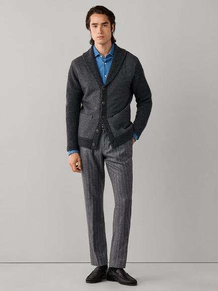Hackett London Pure Merino Wool Herringbone Hybrid Cardigan, Charcoal Grey - view 2, Charcoal Grey