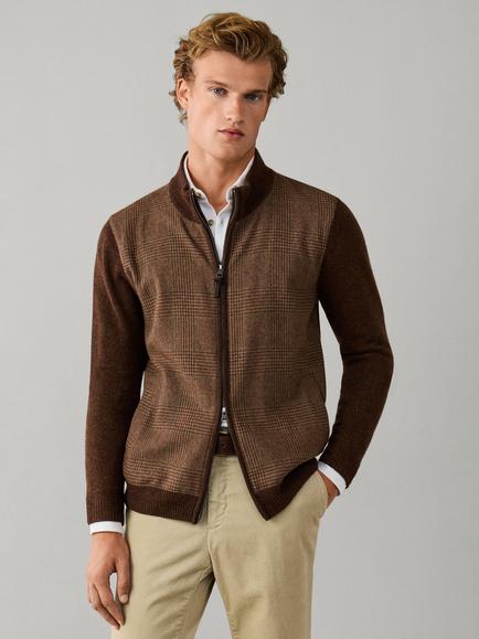 Hackett London Pure Wool Prince of Wales Hybrid Cardigan, Nut Brown, Nut Brown