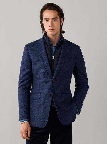 Hackett London Stretch Wool Blend Checked Blazer with Bib, Blue, Blue