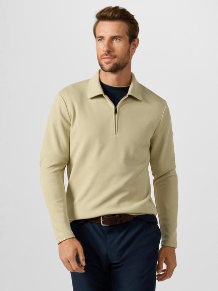 Hackett London Sport Waffle Branded Badge Quarter Zip Polo Sweatshirt, Sand Beige