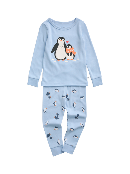 MORI Kids' Playful Penguins Long Sleeve Pyjama Set, Blue Multi, Blue Multi