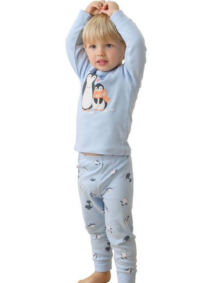 MORI Kids' Playful Penguins Long Sleeve Pyjama Set, Blue Multi - view 2, Blue Multi