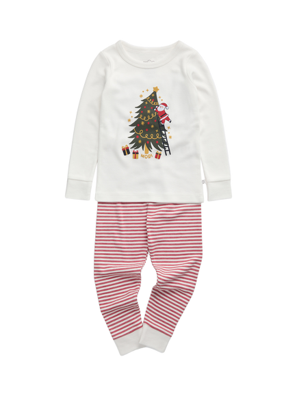MORI Kids' Christmas Tree Pyjama Set, Tofu & Red Stripe, Tofu & Red Stripe