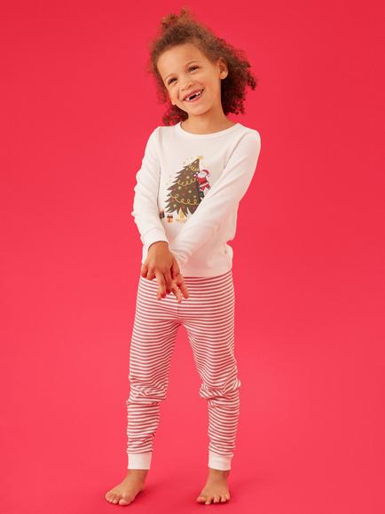 MORI Kids' Christmas Tree Pyjama Set, Tofu & Red Stripe - view 2, Tofu & Red Stripe