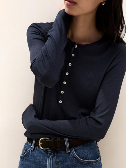 The White Company Henley Lightweight Rib Jersey Top, Navy, Navy