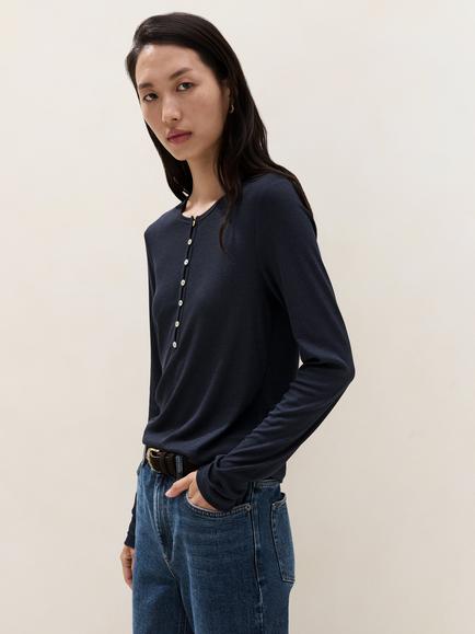 The White Company Henley Lightweight Rib Jersey Top, Navy - view 2, Navy