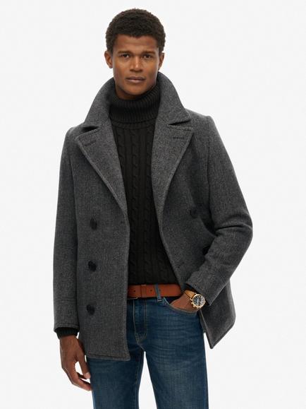 Superdry Wool Blend Pea Coat, Eclipse Navy, Charcoal