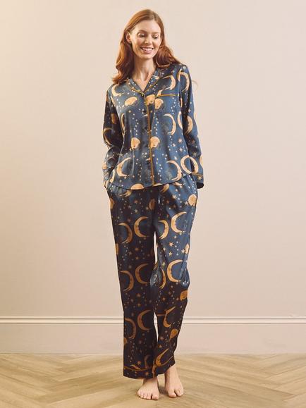 Their Nibs Midnight Whiskers Long Sleeve Satin Pyjama Set, Navy, Navy