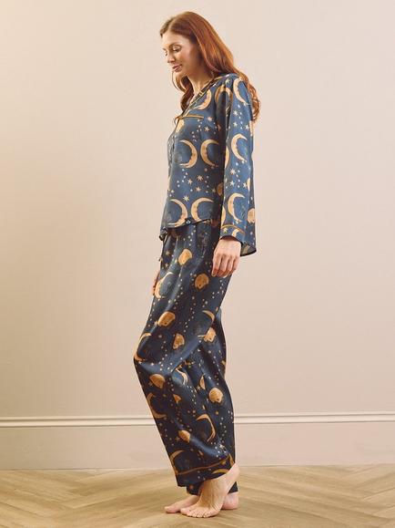 Their Nibs Midnight Whiskers Long Sleeve Satin Pyjama Set, Navy - view 2, Navy