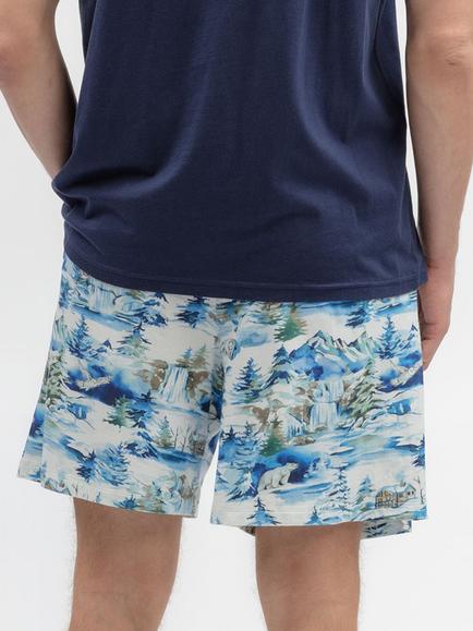 Cyberjammies Stretch Cotton Modal Blend Winterscape Print Jersey Pyjama Shorts, Navy/Multi - view 2, Navy/Multi