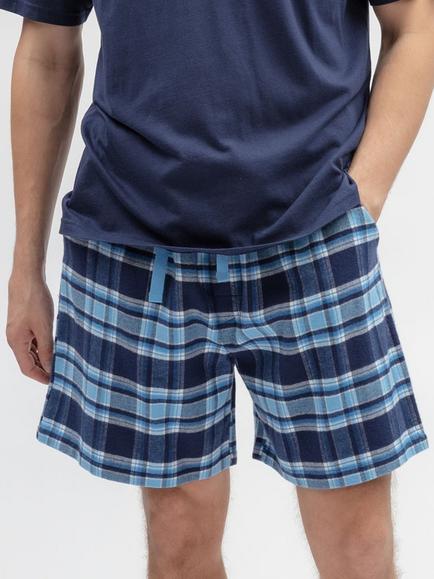 Cyberjammies Brushed Cotton Check Pyjama Shorts, Navy/Blue, Navy/Blue