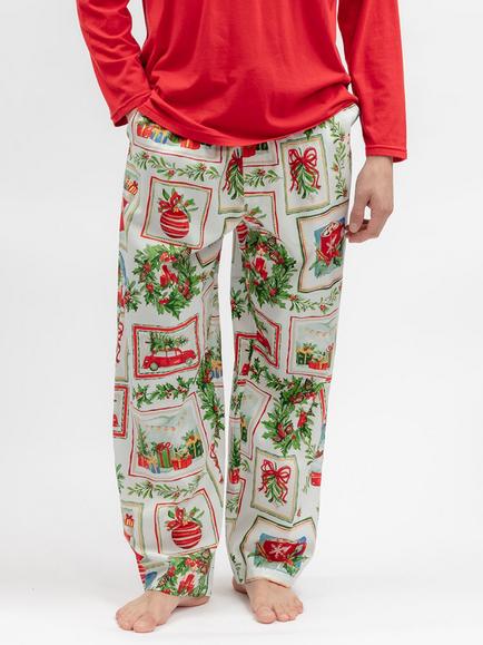 Cyberjammies Cotton Modal Blend Christmas Postcard Print Pyjama Trousers, Red Dark/Multi, Red Dark/Multi