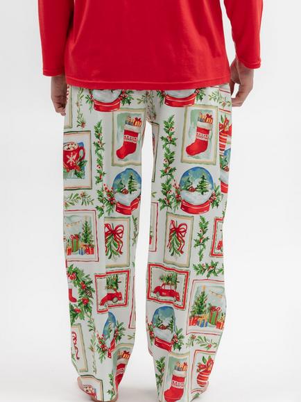 Cyberjammies Cotton Modal Blend Christmas Postcard Print Pyjama Trousers, Red Dark/Multi - view 2, Red Dark/Multi